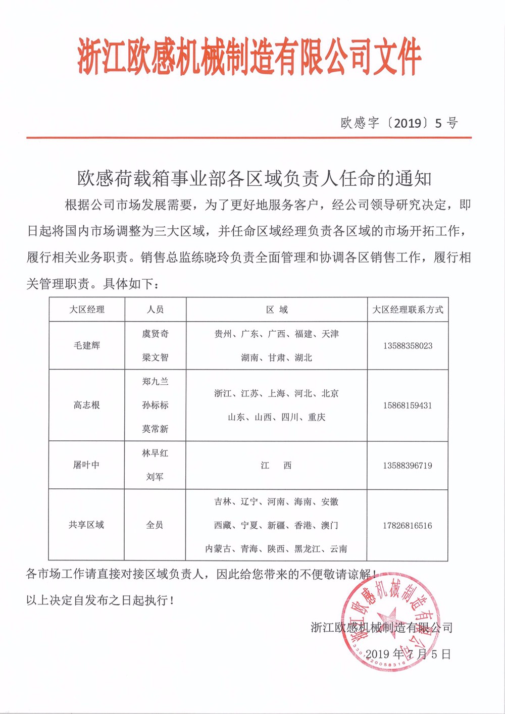歐感荷載箱事業(yè)部各區(qū)域負(fù)責(zé)人任命的通知